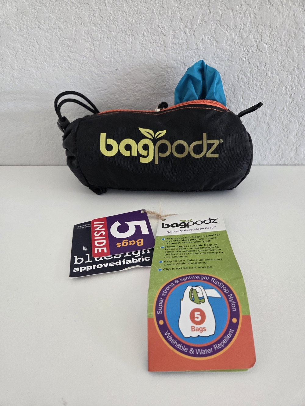 NWT BagPodz 5-Pack Reusable Sturdy Shopping Bags in Compact Pod Caribbean Blue